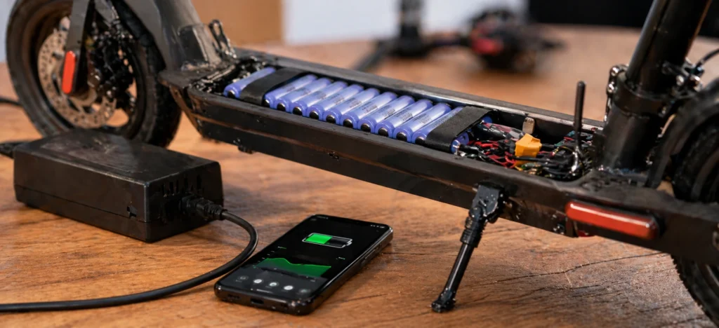 Batterie de trottinette électrique ouverte avec chargeur et indicateur d’autonomie pour illustrer la durée de vie et l’usure progressive